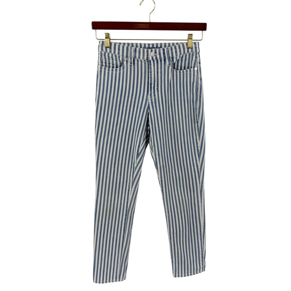 Lands End Womens Jeans Size 4 Blue White Vertical Stripe Straight Leg Nautical